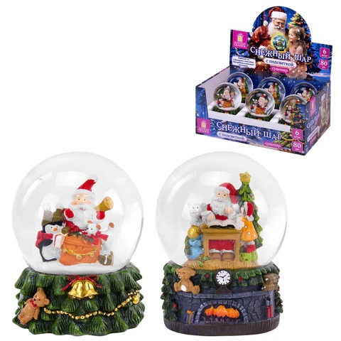 Снежный шар с LED-подсветкой "Дед Мороз" диаметр 80 мм, полистоун/стекло, ассорти 2 дизайна