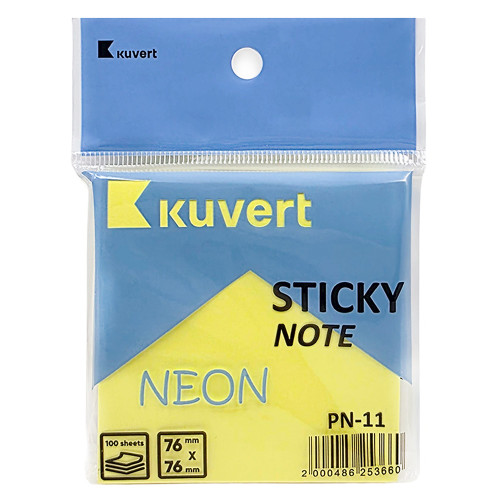 Стикеры KUVERT “Sticky” 76 х 76 мм, неон-желтый, 100 листов