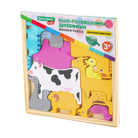 Пазл деревянный развивающий для детей "Домашние животные", 17х17 см, BRAUBERG KIDS