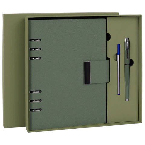 Ежедневник на кольцах в наборе с ручкой А5, 165x229 мм, BRAUBERG "Lux", под кожу, 100 листов, зеленый