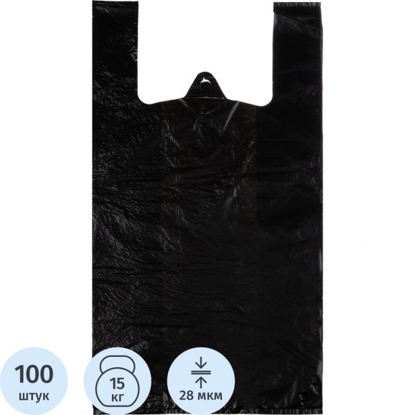 Пакет-майка Комус 30+18x56 см 28 мкм чёрный (100 штук в упаковке)