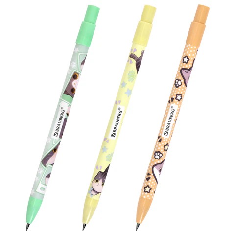Карандаш механический цанговый 2 мм, с принтом кросс-серия МИЛЫЕ КОТЫ, BRAUBERG, HB, встроенная точилка, корпус ассорти
