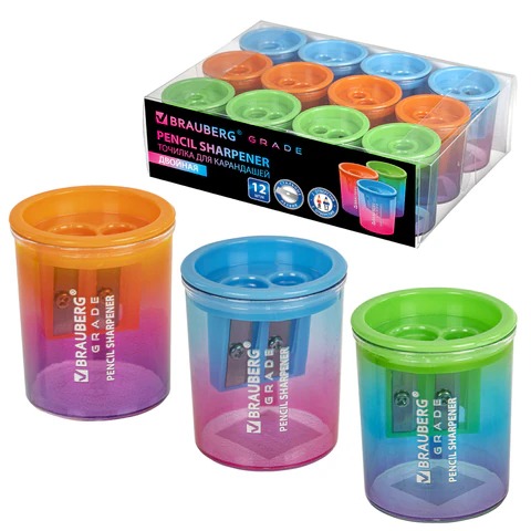 Точилка для классических и утолщенных карандашей BRAUBERG "Grade", 2 отверстия, с контейнером