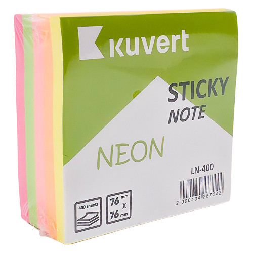 Стикеры KUVERT “Sticky” 76 х 76 мм, 5 неоновых цветов, 400 листов